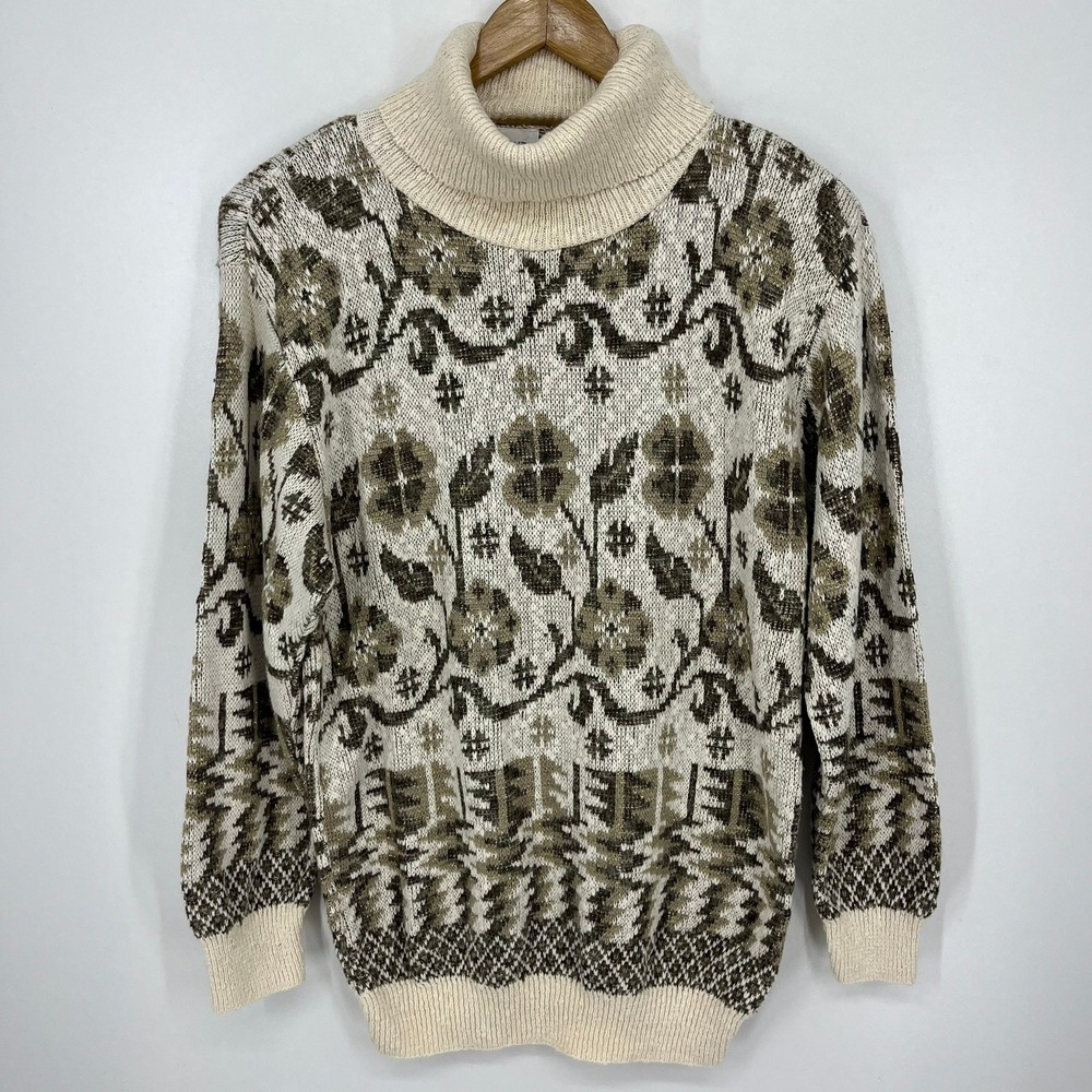 Vintage Diversity Womens M Floral Intarsia Turtleneck Sweater Cream USA Made
